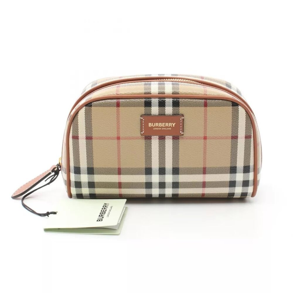 BURBERRY Check Travel Pouch canvas leather Beige Multicolor NEW Women